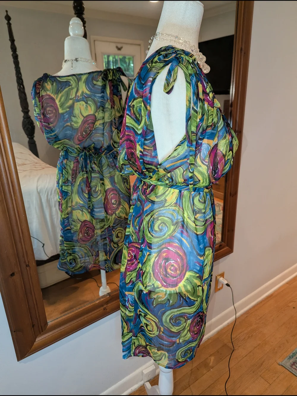 Sheer Floral V-Neck Swim Coverup in Blue & Green